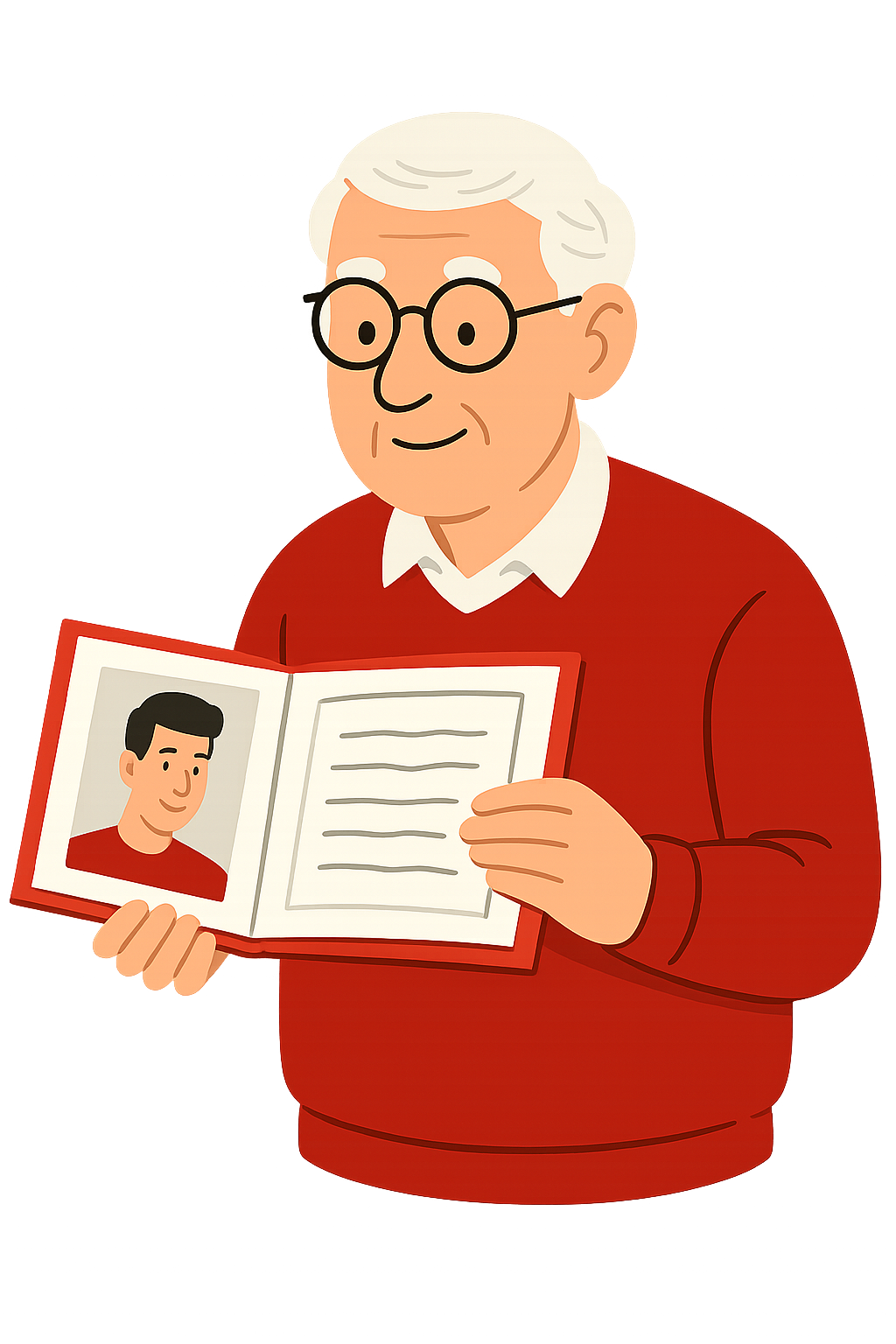 Elderly man with glasses holding an open memory book with photos
